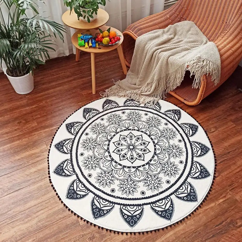 BOHEMIAN Faux Cashmere Round Carpet Rug : 2 Sizes | MODERN FARMHOUSE RUG  | BOHO Non-slip Mat Round Washable Bath Rug