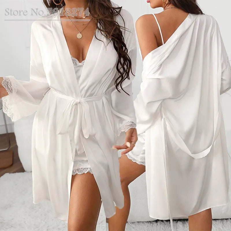 Women's Silk Satin Robe Set with Sexy Lace Trim – Ideal for Brides, Bridesmaids, or Romantic Nights - Lingerie