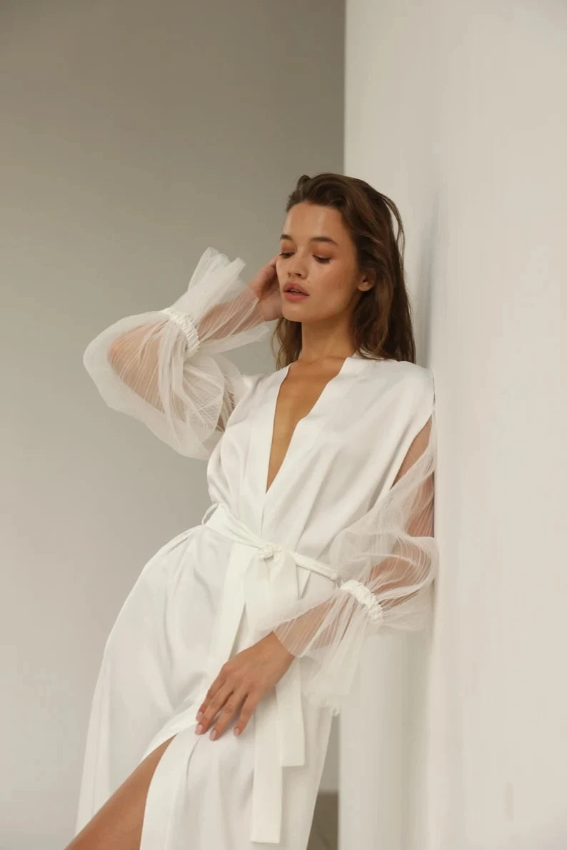 Sexy Satin Silk Long Sleeve White Robe  - The Ultimate Robe for Luxurious Comfort | Bride Robe