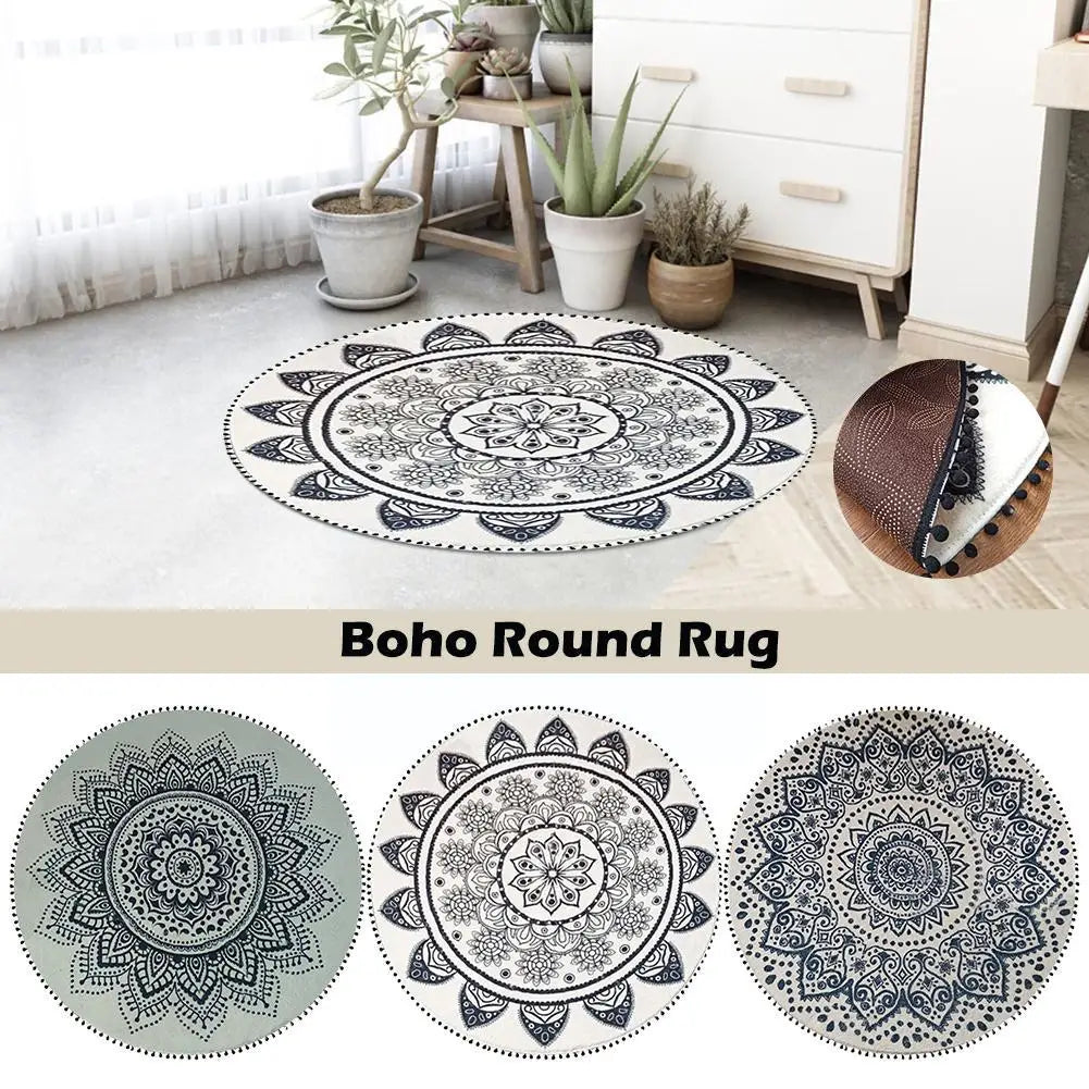 BOHEMIAN Faux Cashmere Round Carpet Rug : 2 Sizes | MODERN FARMHOUSE RUG  | BOHO Non-slip Mat Round Washable Bath Rug