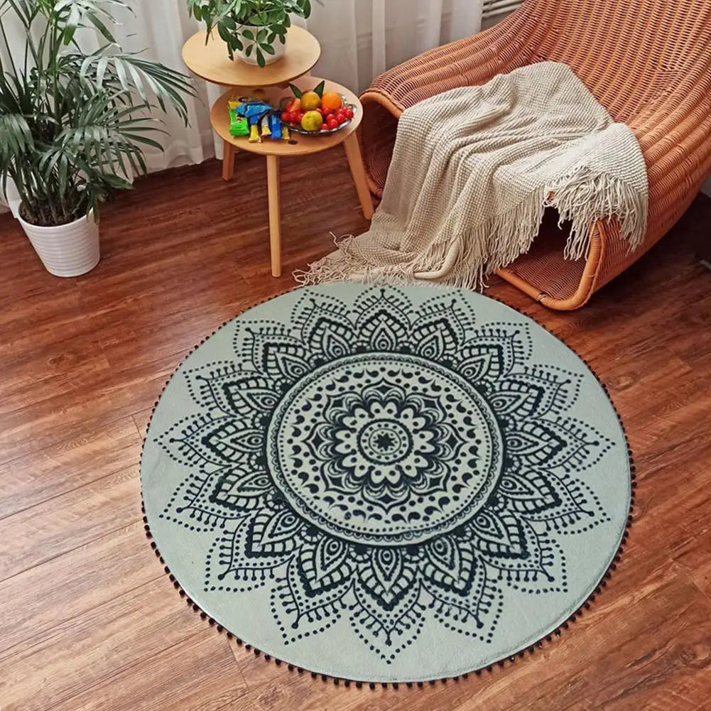 BOHEMIAN Faux Cashmere Round Carpet Rug : 2 Sizes | MODERN FARMHOUSE RUG  | BOHO Non-slip Mat Round Washable Bath Rug