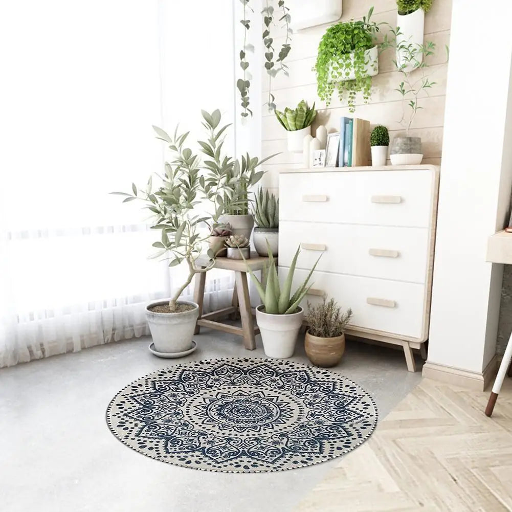 BOHEMIAN Faux Cashmere Round Carpet Rug : 2 Sizes | MODERN FARMHOUSE RUG  | BOHO Non-slip Mat Round Washable Bath Rug