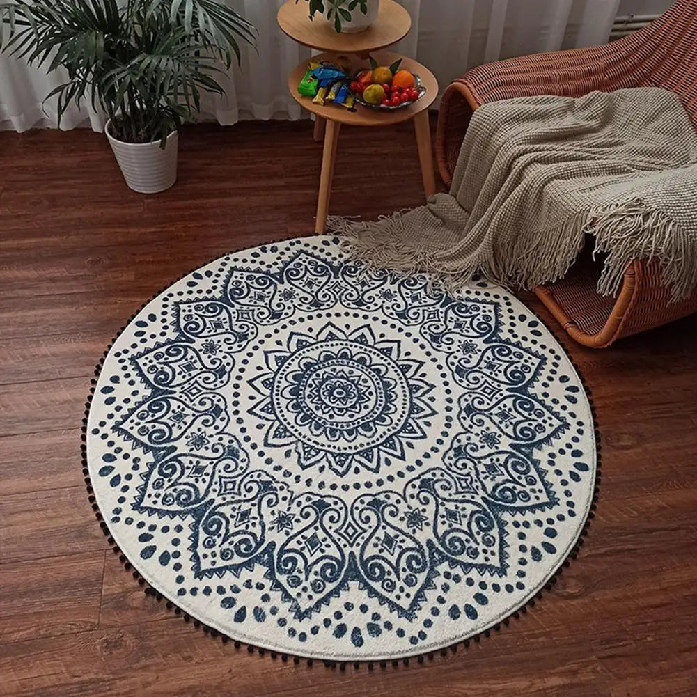 BOHEMIAN Faux Cashmere Round Carpet Rug : 2 Sizes | MODERN FARMHOUSE RUG  | BOHO Non-slip Mat Round Washable Bath Rug